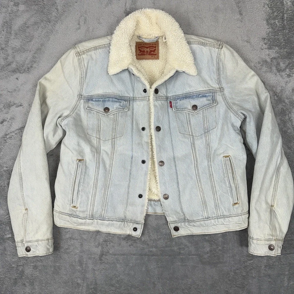 Levi's Women's Sherpa Lined Trucker Jacket Size L Blue Denim Vintage Look
